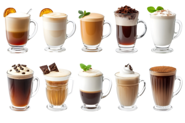 Various hot beverages drinks Different coffee drinks assorted isolated on white background Coffee set collection mocha tea green tea hot chocolate blac