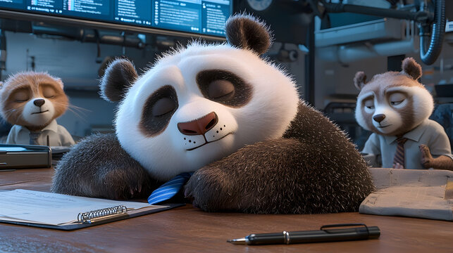 Sleepy tired panda in blue tie dozing off at an office desk feeling overworked and exhausted from boring meeting