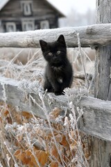 Black kitten sitting on frosty fence in winter landscape  