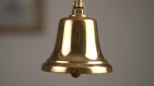 Close-up view of a shiny brass bell with visible clapper, hanging under soft lighting in an elegant room, captured from a frontal perspective