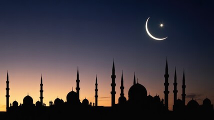 Silhouette of mosque against crescent moon and vibrant sunset sky