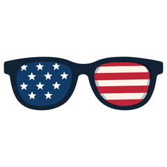 Patriotic vector design of sunglasses in the style of the American flag: dark blue frame, lenses with stars on a blue background and red and white stripes imitating the US flag.