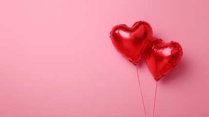 Red heart-shaped balloons on pink background with copy space for design