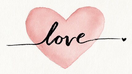 Watercolor pink heart design featuring elegant black calligraphy of love