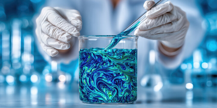 Scientist mixing colorful liquids in research laboratory beaker