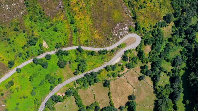 Serpentine road in the mountains in Asturias (northern Spain) in summer with a valley.
