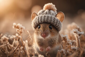 Cute mouse wearing knitted hat in a field during sunset  