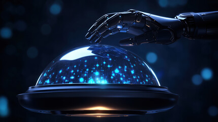 Robot hand touching digital data inside futuristic dome