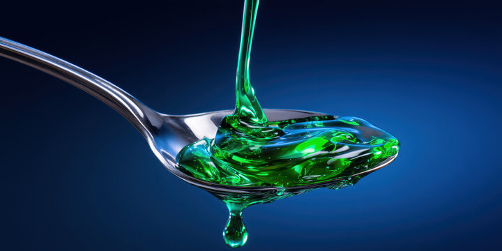 Pouring green medicine syrup into a spoon for health