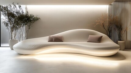 A futuristic curved sofa with smooth surfaces, integrated lighting, and a soft monochromatic color scheme 