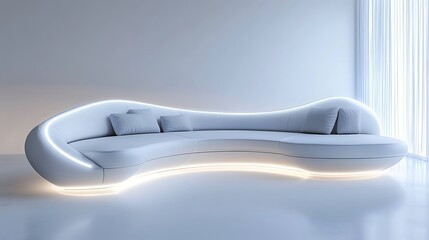 A futuristic curved sofa with smooth surfaces, integrated lighting, and a soft monochromatic color scheme 