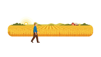 Farmer walking through a vast golden wheat field under a bright sunrise, symbolizing agriculture, harvest, hard work, and the bounty of nature in a serene rural landscape.