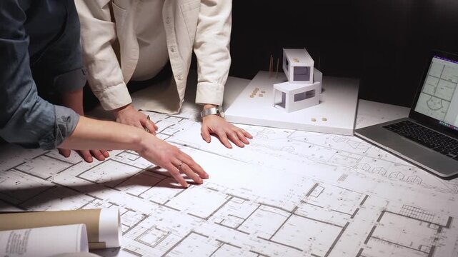 Architects collaborating on building plans with a laptop, reviewing blueprints and architectural models in a modern design studio, discussing future construction projects