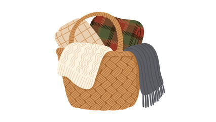 Woven basket filled with cozy blankets and throws in various patterns, symbolizing comfort, home decor, warmth, and inviting textiles for a relaxing and comfortable living space.