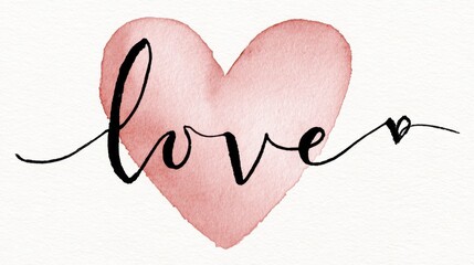 Watercolor pink heart with elegant black calligraphy script spelling love