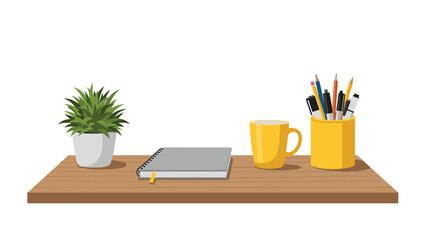 Neatly organized desk shelf with a potted plant, a spiral notebook, a yellow mug, and a pen holder filled with pens and pencils, symbolizing productivity, study, and creative work space.