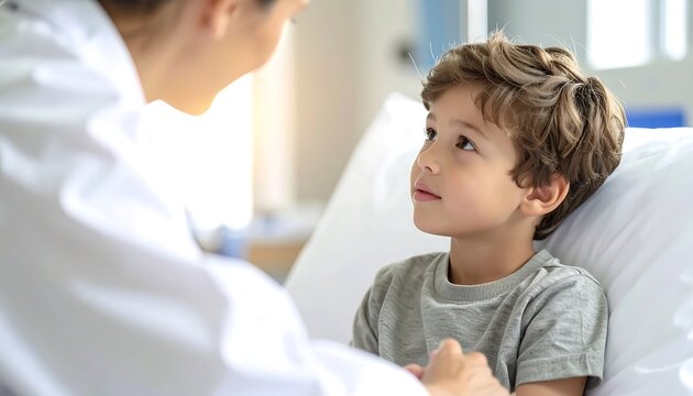 Caring Conversation: A doctor comforts and assures a young patient in a clinical environment, fostering trust and providing support.