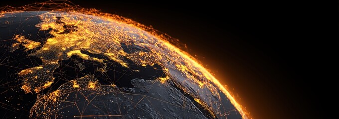 a globe with orange, glowing connections between cities on a black background, banner design Generative AI