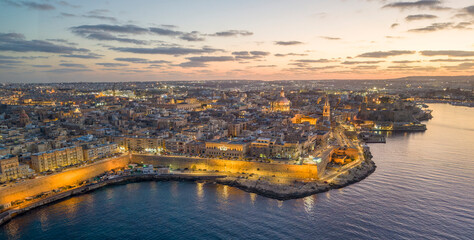 Panoramic photograph of Valletta, Malta, during sunset