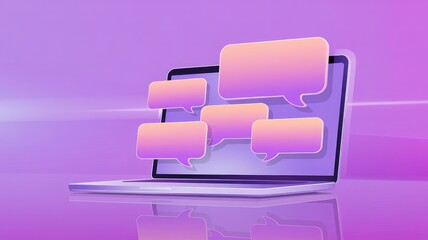 Laptop with speech bubbles on screen in purple background