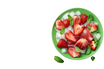 Homemade strawberry popsicles on green plate with ice strawberries and mint isolated on white background Healthy summer food concept with copy space to