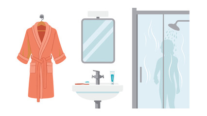 Bathroom scene with a hanging orange bathrobe, a sink with a mirror, and a shower with a person inside, symbolizing hygiene, self-care, and daily routines in a modern home.