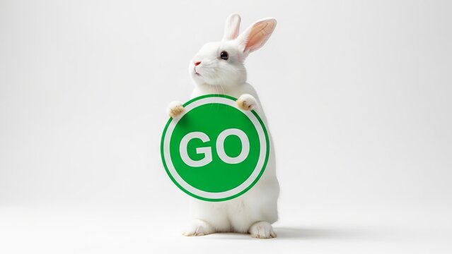 rabbit holding a green go sign, road sign, on a white background, animal graphic
