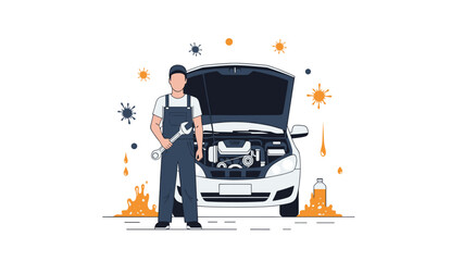 Mechanic in overalls holding a wrench, standing in front of a car with an open hood, surrounded by oil drips and virus particles, symbolizing vehicle repair and maintenance during a pandemic.