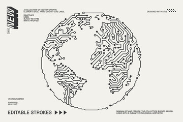 Abstract circuitry designs showcasing geometric and minimalist aesthetics with editable strokes