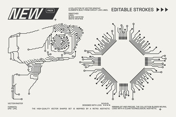 Abstract circuitry designs showcasing geometric and minimalist aesthetics with editable strokes