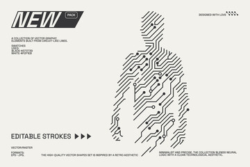 Abstract circuitry designs showcasing geometric and minimalist aesthetics with editable strokes