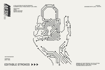 Abstract circuitry designs showcasing geometric and minimalist aesthetics with editable strokes