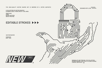 Abstract circuitry designs showcasing geometric and minimalist aesthetics with editable strokes