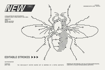 Bug illustration featuring circuitry, minimalist aesthetics with editable strokes