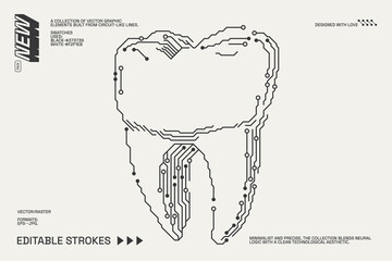 Geometric tooth illustration with circuit patterns. A minimalist vector design