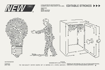 Abstract circuitry designs showcasing geometric and minimalist aesthetics with editable strokes