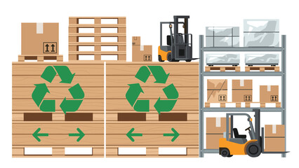Warehouse scene with forklifts, pallets featuring recycling symbols, and cardboard boxes on shelves, symbolizing sustainable logistics, eco-friendly shipping, and efficient inventory management.