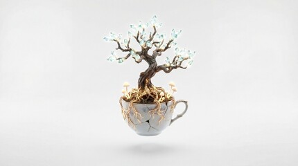 A tree with blossoming flowers grows out of a delicate teacup, symbolizing growth and serenity in a surreal scene viewed from the side.