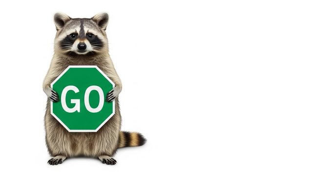 raccoon holding a green go sign, road sign, on a white background, animal graphic