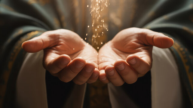 Closeup of hands cupping falling golden sand or glitter, symbolizing blessings or precious moments
