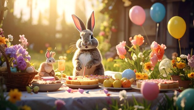 A joyous scene showing a bunny amidst an Easter party with cake, flowers, and balloons