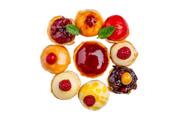 Assorted Delicious fruit custard pastry in a white plate with fruit topping sauce top view Isolated on white background