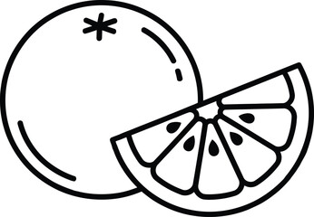 Outline illustration of a whole orange and a slice of orange on a white background fruit citrus