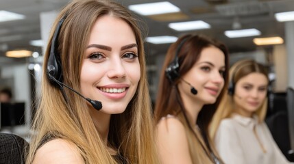 Group of support agents in open office wearing headsets. Teamwork in customer care, help desk operations and professional service environment