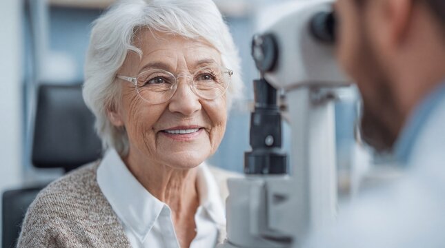 Elderly woman smiling happily during a vision test at an optometry clinic, receiving professional healthcare from an ophthalmologist examining her eyes with a slit lamp for a precise diagnosis