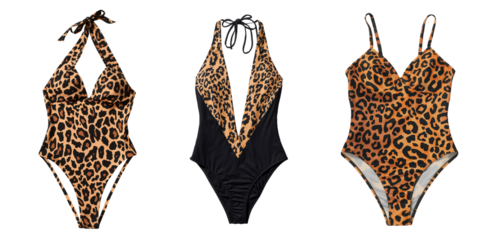 Beautiful one-piece swimsuit with leopard print isolated on transparent background
