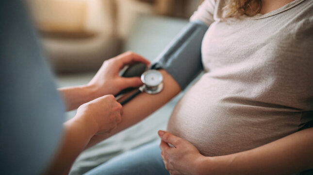 Healthcare professional checking a pregnant woman's blood pressure with a stethoscope and cuff during a prenatal checkup, ensuring maternal and fetal health