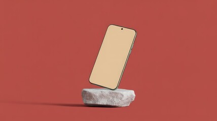 Smartphone on stone pedestal with blank screen for mockup