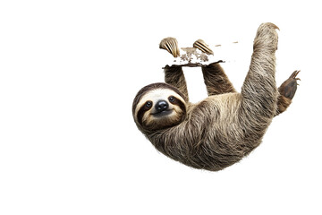 Fototapeta premium Sloth Animal of Costa Rica on white background isolated funny animal hanging on tree branch scratching belly cute funny and chilled