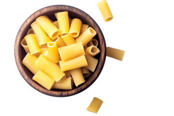 Rigatoni pasta in a wooden bowl isolated on white background Italian cuisine Rigatoni pasta in a wooden bowl Top view scene Classic Italian dry pasta.j